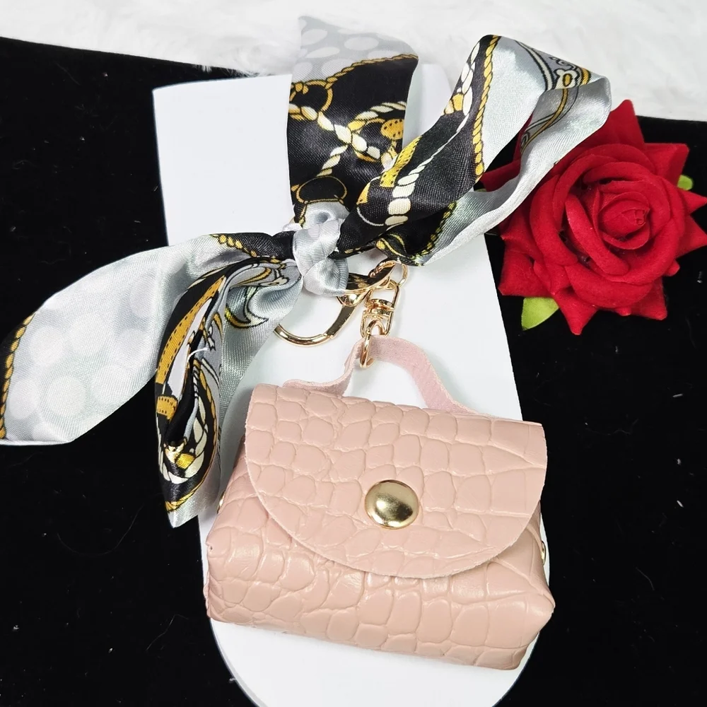 Pink Croc Mini Purse Bag Charm Keychain Scarf Bow AirPods Coin Pouch Keyring New